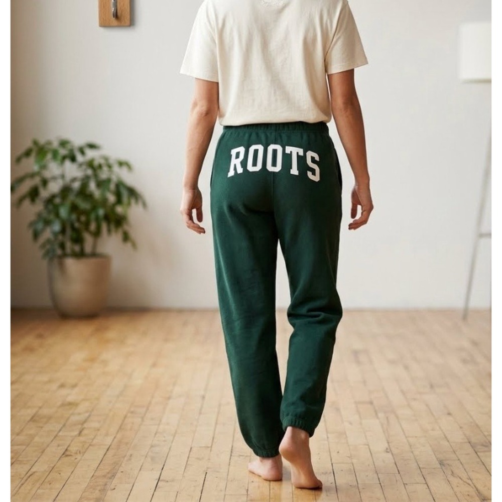 Roots Forest Green Organic Cotton Sweatpants Logo Joggers Mens XS Womens S